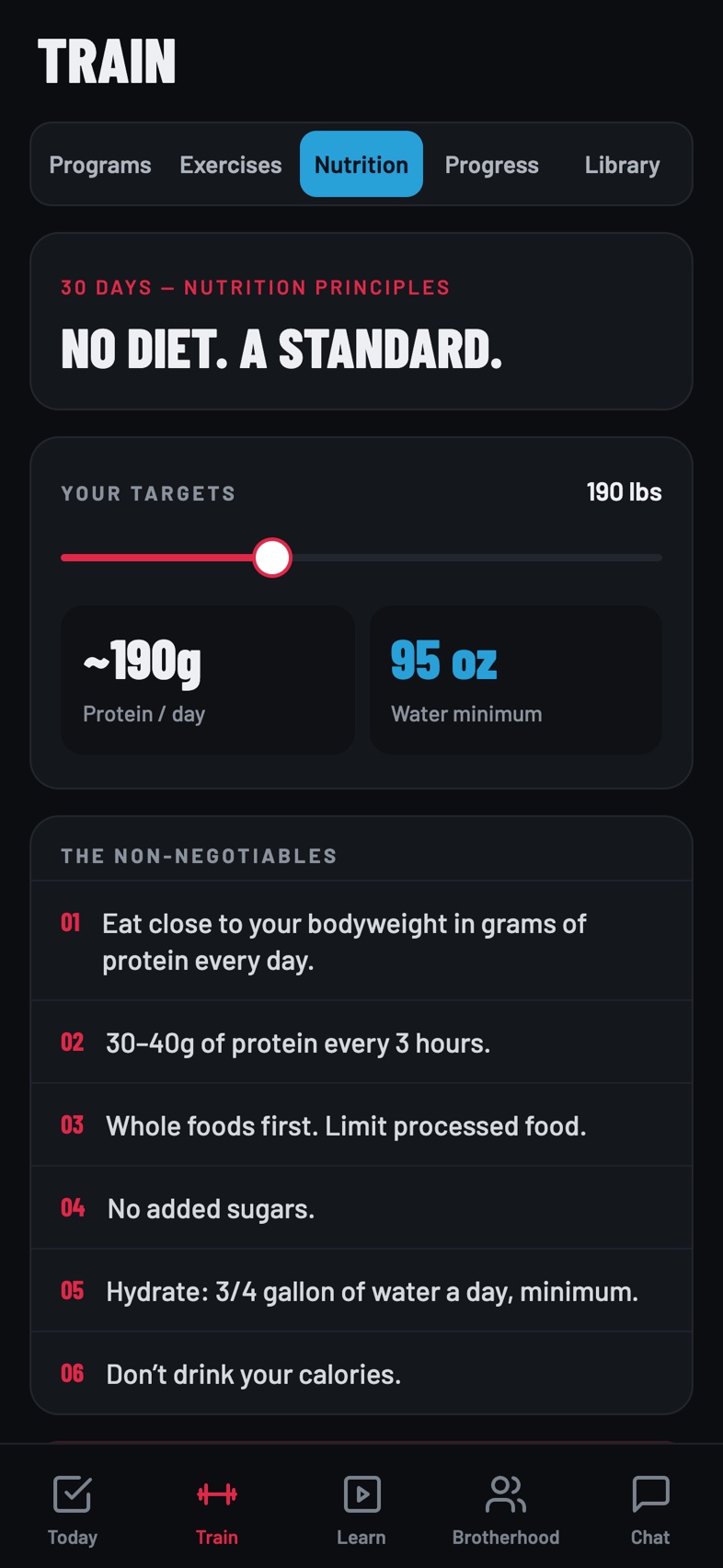 TCP app Nutrition screen